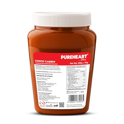 Image of PUREHEART Nut Spread Choco Cashew (350 +50 gm Extra) | Nutty, Smooth and Creamy Chocolate Cashew Spread for Breakfast - No. 1 Exporter of Roasted Nuts