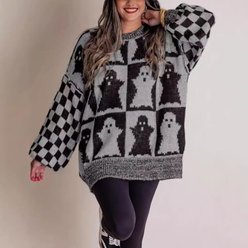 Women's Pullover Sweater Loose Long Sleeved Halloween Ghost Plaid Sweater4