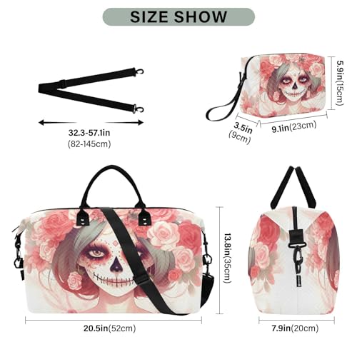 Large Travel Duffel Bag, Mexican Floral Skull Sports Tote Gym Bag, Shoulder Weekender Overnight Bag for Women Men, Carry On Luggage with Toiletry Bags3