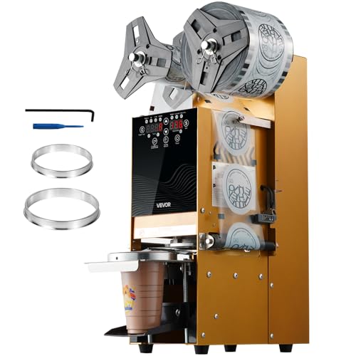 VEVOR Fully Automatic Cup Sealing Machine, 500-650 Cups/H, Cup Sealer Machine for 180 mm Tall & 90/95 mm Cup, Electric Boba Tea Sealer with Digital Control LCD Panel for Bubble Milk Tea Coffee, Gold