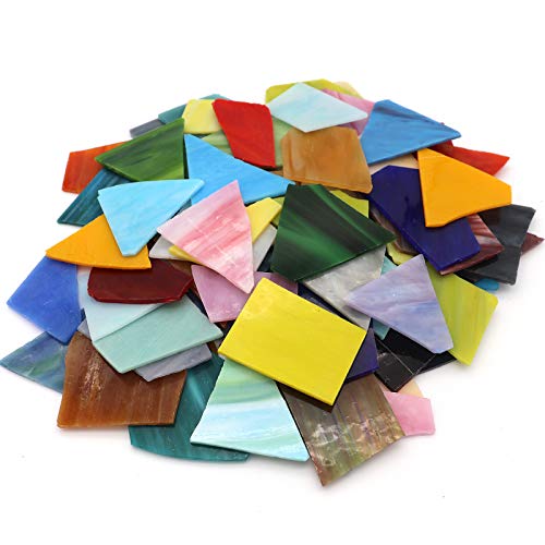 LITMIND Mosaic Tiles for Crafts Bulk, Stained Glass Sheets Shards Glass Mosaic Bathroom Accessories Set, Assorted Colors and Shapes, 35.27oz / 1kg