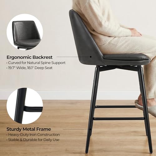 Image of CHITA Swivel Bar Stools, 27.2 inch Counter Height Bar Stools Set of 4, FSC Certified Upholstered Modern Counter Stools, Metal Legs, Faux Leather, Grey