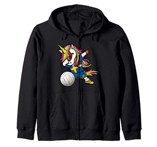 Dabbing Unicorn Sweden Volleyball Fans Jersey - Swedish Flag Zip Hoodie, Black