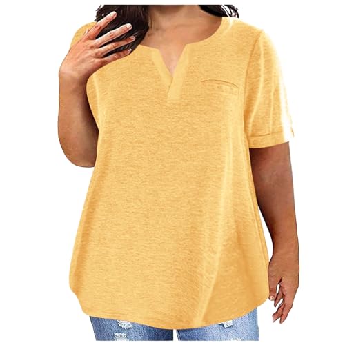Camiseta de manga corta para mujer, color degradado, estampado degradado, cuello en V, camiseta de manga corta, blusa informal suelta, blusa festiva, amarillo, S