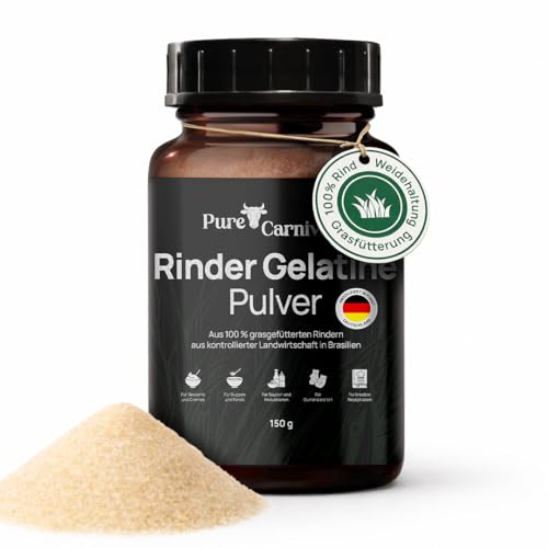 Rinder Gelatine Pulver [150g] 220 Bloom im Braunglas hoher Kollagenanteil 100% rein & geschmacksneutral zuckerfrei & glutenfrei abgefüllt in Deutschland