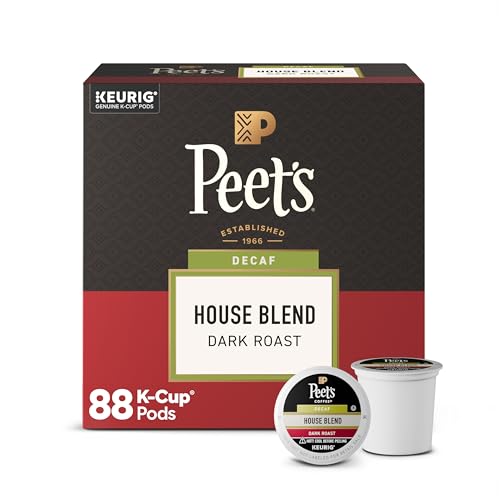 Peet's Coffee, Dark Roast Decaf Keurig K-Cup Pods, Decaffeinated Arabica Coffee - Decaf House Blend 88 Count (4 Boxes of 22 K-Cup Pods)