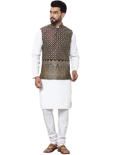 Image of SOJANYA (Since 1958 Men's Cotton Linen Maroon Kurta and White Pyjama with Mustard Cotton Nehru Jacket