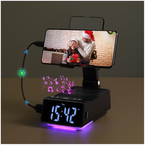 BFUSHIONY Birthday Gifts for Women Men 7 in 1 Multi-Function Phone Stand with Bluetooth Speaker Portable Charger Alarm Clock LED Light USB Playback Hands-Free Calling (Black)