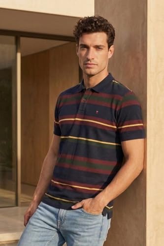 Image of Louis Philippe Men's Slim Fit Striper Design Aesthetic Solid Pique Half Sleeve Polo Tshirt with Stretch