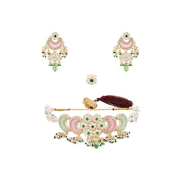 ZAVERI PEARLS Pink Green Stones Beads Multistrand Kundan Choker Necklace Earring & Ring Set For Women-ZPFK15652