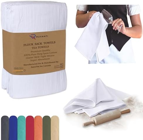 RUVANTI Flour Sack Towels 12 Pack 28 x 28 Inches, Ring Spun 100% Cotton Flour Sack Dish Towels, Machine Washable, Absorbent Tea Towels - Flour Sack Kitchen Towels for Drying and Cleaning - White