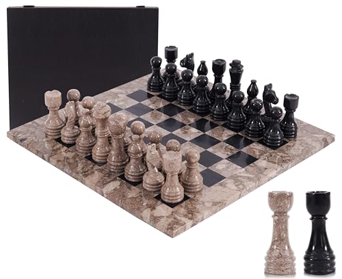 Marble Chess Set for Adults 15" Handmade Oceanic & Black Board Game with 32 Chess Pieces, 2 Extra Queens & Storage Box, Luxury Travel Game – Elegant Home Décor