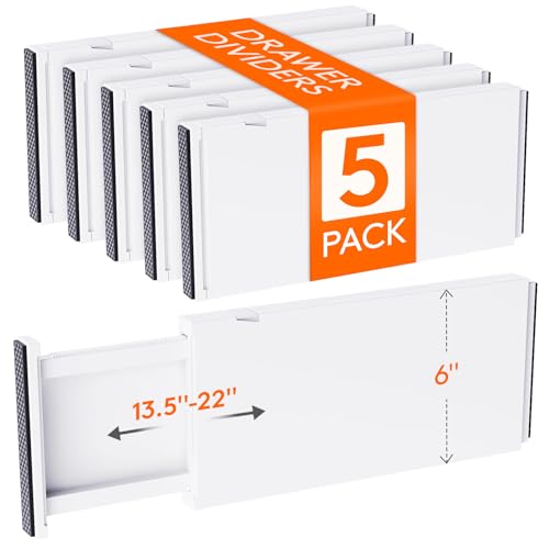 Lifewit 5 Pack 6' High Drawer Dividers 34-56cm/13.5-22' Adjustable Drawer Organizer for Clothes/Utensils, Expandable Drawer Separator in Dresser/Kitchen/Bedroom/Office Organization & Storage White