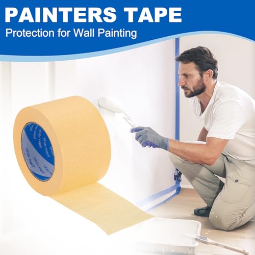Image of PATIKIL Painters Tape 3 Inch x 55 Yards, Adhesive Masking Tape Light Yellow Paint Tapes for Wall Painting DIY Artist Craft Arts Decoration Labeling