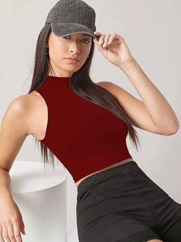 Image of Sugathari Women's & Girls' Solid Ribbed High Neck Sleeveless Crop Tops for Women (Top 37)