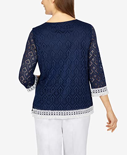 Image of Alfred Dunner Women's Petite Lace Fringe Diamond Textured Knit Top