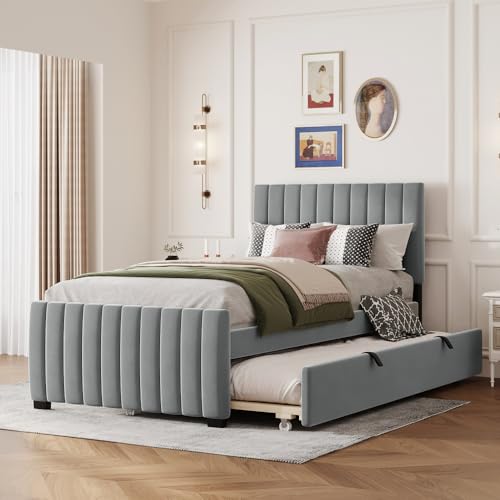 OCACA Cama tapizada de 90 x 190 cm con cama nido, cama individual plana en tela de terciopelo agradable a la piel (gris)