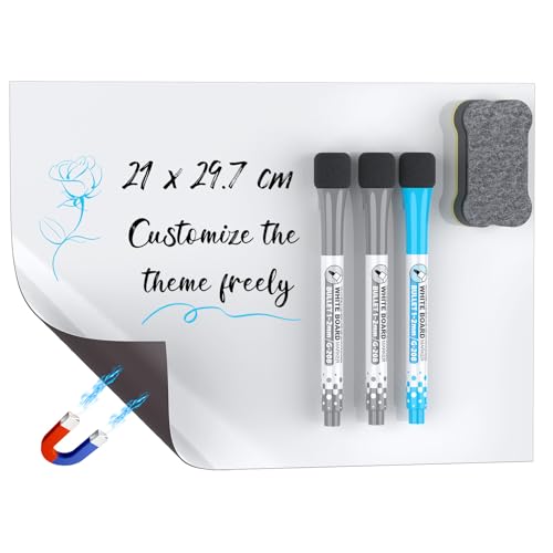 Uniclife Pizarra Blanca Magnética A4 para Nevera/Oficina - Pizarra de Borrado en Seco Magnética para Notas, Listas y Planificación - Fuerte Adherencia, Escritura Suave con 3 Rotuladores y Borrador