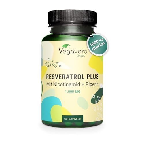 Trans Resveratrol Natural 1000 mg | Con Vitamina B3 y Piperina | Sin Aditivos | Antienvejecimiento, Antioxidante y Antiedad | Vegano | Vegavero