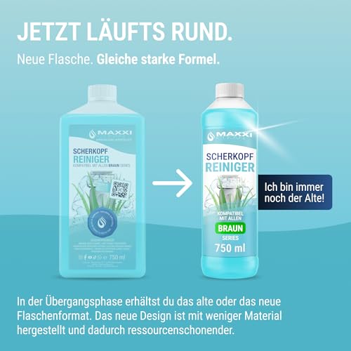 Maxxi Clean | 750 ml Nachfüllflüssigkeit Scherkopfreiniger für Reinigungskartusche | Rasierer Reinigungsflüssigkeit kompatibel mit Braun Reinigungsstation | Reinigungsspray mit Aloe Vera Duft