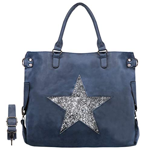 CRAZYCHIC - Bolso de Mano Grande Mujer - Patrón de Estrellas Lentejuelas - Bolsos de Hombro Tote Shopper Gran Capacidad - Cuero PU Metalizado - Bolsos Shopping Bag - Azul
