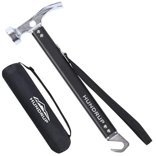 HUNDRUP ペグハンマー 軽量 キャンプハンマー ３in1多機能 (抜く/打つ/掘る) 高炭素鋼製 固定用リベット追加 アルミ製ハンドル テントハンマー 収納袋付き ソローキャンプ 設営用具 日常作業 アウトドア 登山（黒色） 1枚目