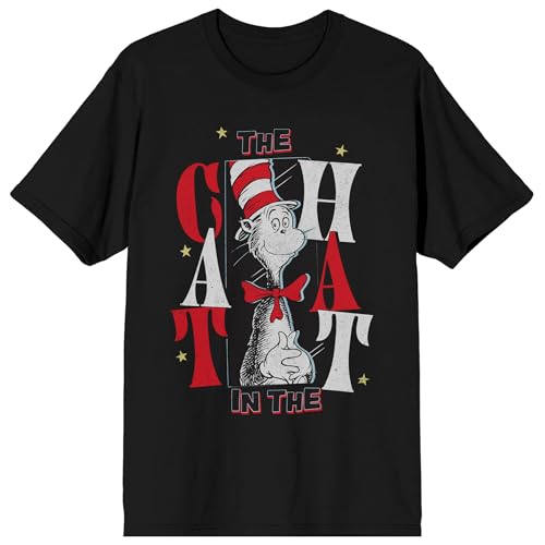 The Cat in The Hat Stars Adult Black Crew Neck Short Sleeve T-Shirt - Small