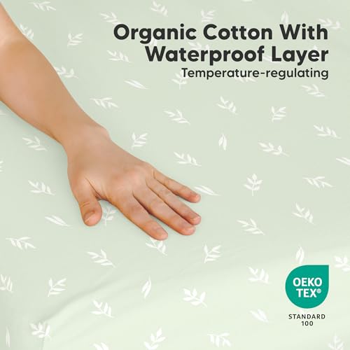 Image of 2 Pack and Play Sheets, Waterproof Mini Crib Sheets Fitted - 38x26 Organic Cotton Pack N Play Sheets for Graco Pack and Play Mattress, Playard Baby Crib Sheets, Neutral for Boy, Girl, Toddler (Herb)