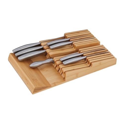 Relaxdays Messerhalter Schublade, für 9 Messer & Wetzstahl, Bambus Messerblock liegend, HxBxT: 5,5 x 13 x 40 cm, natur