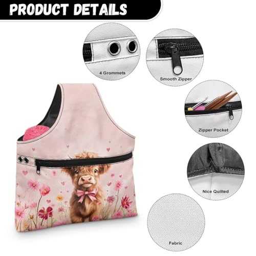 Image of KUIFORTI Highland Cow Yarn Bag Pink Flower Portable Crochet Bag Organizer Portable for Crocheting Knitting Accessories Home Valentines Day Women Gifts