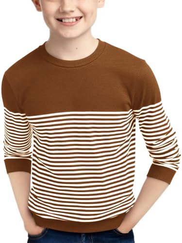 Haloumoning Boys Striped Sweaters Kids Fall Fashion Crewneck Rib Knit Pullover Sweater 5-14 Years Brown