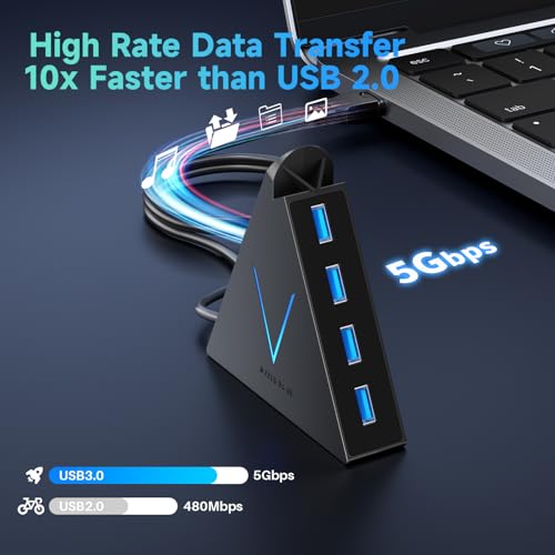 Image of 4-Port USB 3.0 Hub, FlyingVHUB Vertical Data USB Hub with 2 ft Extended Cable, for Mac, PC, Xbox One, PS4, PS5, iMac, Surface Pro, XPS, Laptop, Desktop, Flash Drive, Mobile HDD