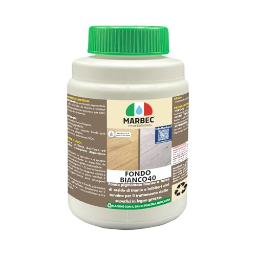 MARBEC FONDO BIANCO40 1KG Fondo pigmentato bianco a base di ossido di titanio e inibitori del tannino per il trattamento delle superfici in legno grezzo.