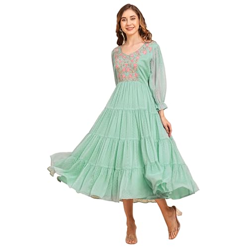 Image of RATAN Women's Floral Embroidered Puff Sleeve Chiffon Flared Tiered Kurta Gown Maxi Dress