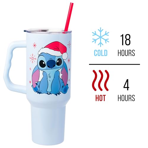 Image of Silver Buffalo Disney Lilo and Stitch Christmas Holiday Santa Hat and Snowflakes Double Walled Stainless Steel Tumbler with Handle and Straw, Fits in Standard Cup Holder, 40 Ounces