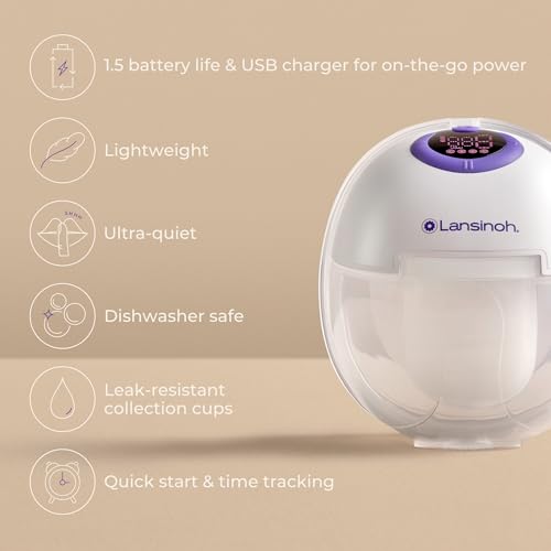 Lansinoh Discreet Duo Wearable Breast Pump, Hands Free Breast Pump, 4 Pumping Modes, 9 Levels Hospital Strength Suction, LED Display, Leak-Resistant Design, 2 Breast Flange Sizes Included: 24mm & 21mm
