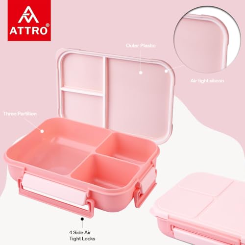 Image of ATTRO Gourmet 3 Compartment Lunch Box Portable Meal Organizer for Office, School BPA-Free, Food Grade, Freezersafe, Microwave & Oven Safe 1700ml Peach, Plastic