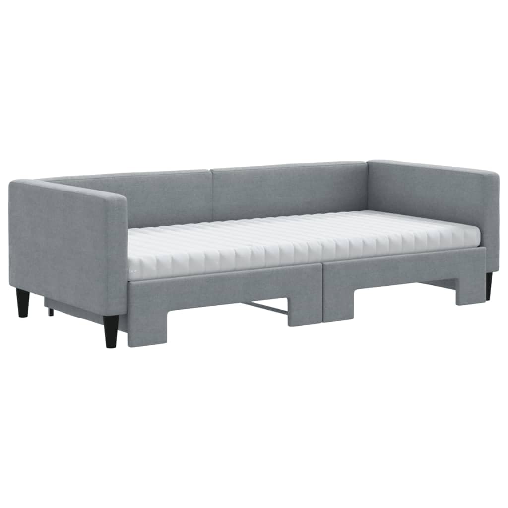 Łóżko dzienne, wysuwane, jasnoszare z obiciem materiałowym, 90 x 190 cm, łącznie z materacem, materacem piankowym, podwójna sofa do spania ze stelażem, stabilny stelaż metalowy i drewniany