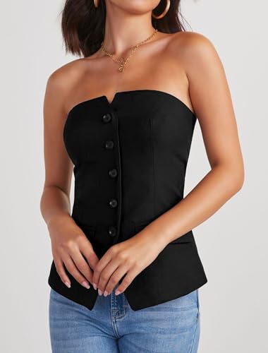 Women's Summer Strapless Vest Tops Notched Neck Tube Tops Button Fitted Sleeveless Work Business Blazer Vest3