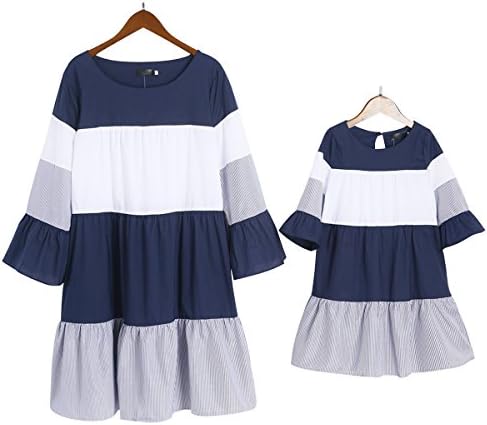 Mumetaz Mommy and Me Stripes Color Block Trumpet Sleeve Family Matching Dress