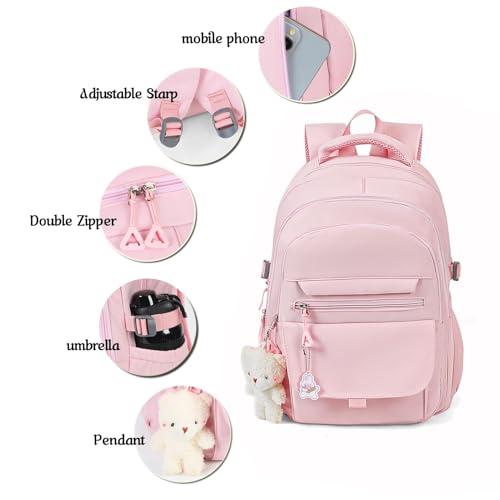Image of PRLINJSK Girls Backpack for College High Middle School Student, Cute Aesthetic Bookbag for Teens Women with Accessories,Pink