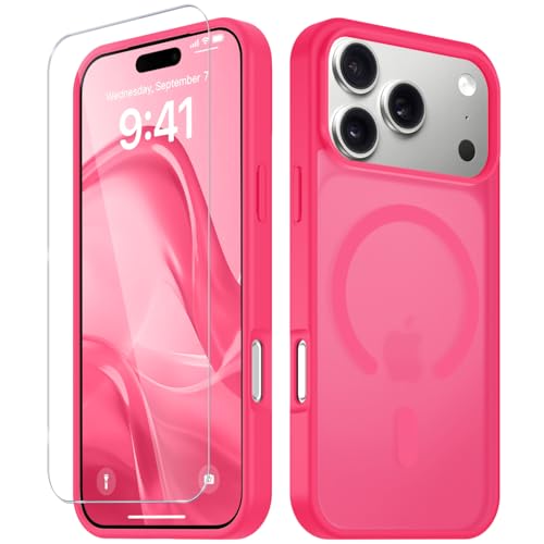Image of YENAPOON for iPhone 17 Pro Max Case, Matte Magnetic Phone Cover [with 1 Screen Protector] [Support for MagSafe] [Shockproof Military Grade Protection] Translucent Frosted Back, Hot Pink