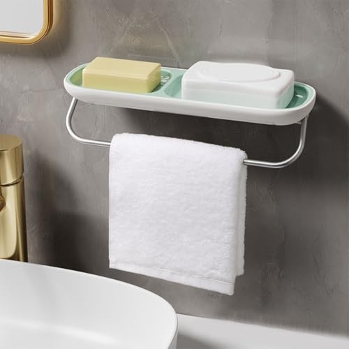 Jabonera de pared con toallero y sistema de drenaje, estante de almacenamiento de ducha sin taladro, para organización de baño y cocina, construcción de ABS y aluminio (verde menta (con))