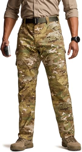CQR Mens Utility Flex Cargo Pants Classic-Fit Casual Stretch Work Pants Water Resistant Lightweight Tactical Hiking Pants Tac Utility Camo 40W x 32L