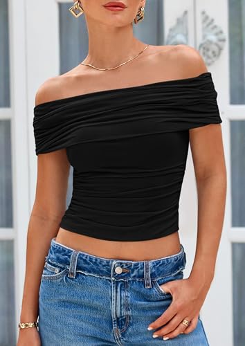PRETTYGARDEN Summer Tops for Women 2025 Off Shoulder Short Sleeve Ruched Slim Fit Shirts Blouses Y2K Going Out Top4
