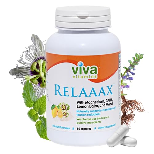 Viva Vitamins Relaaax W/Magnesium, GABA Supplement, L-Theanine, Lemon Balm, Supports Mood, Relaxation and Tension, Helps Achieve Calm and Relaxed Mind, Helps Boost Mood, 60 caps
