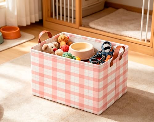 Image of CLOCOR Rectangular Storage Basket,Collapsible Storage Bin,Waterproof Books Box with Handles,Gift Basket(Pink Grid)