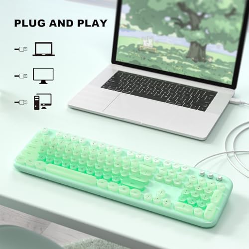Image of MOFII Backlit Keyboard Wired, Retro Typewriter Keyboard with Illuminated LED, Cute Full Size Computer Keyboards Plug and Play for PC Laptop Desktop - Light Green