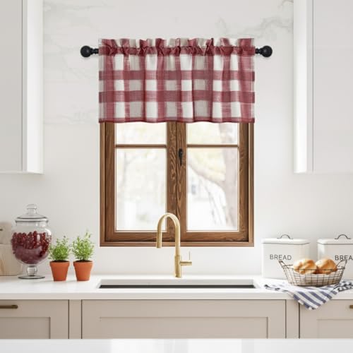 NICETOWN Red Valances for Windows, Buffalo Check Burgundy Plaid Small Window Shades Valance for Bathroom, Rod Pocket Farmhouse Cafe Curtains, 42" x 18