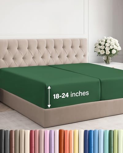 Image of Extra Deep Split King Fitted Sheet - Single Fitted Sheet - Emerald Green | Easily Fits 18 inch to 24 inch Mattress, Soft, Wrinkle Free, Breathable & Comfy, Extra Deep Pockets Hotel Luxury Fitted Sheet